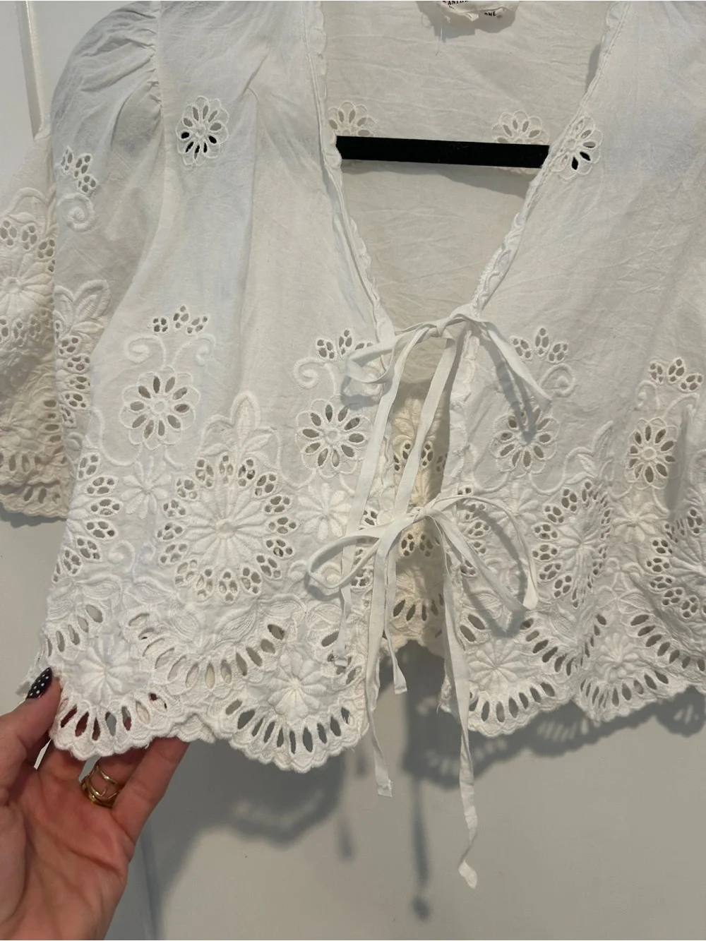 Anthropologie White Floral Eyelet Crop Tie Front Top one size